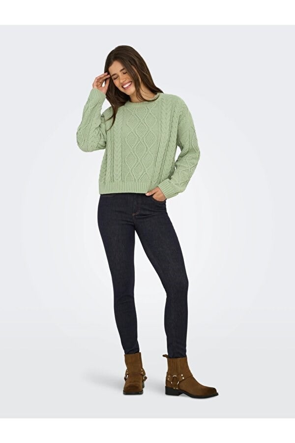Only ONLELLY LIFE LS CABLE O-NECK CC KNT Yeşil Kadın Kazak