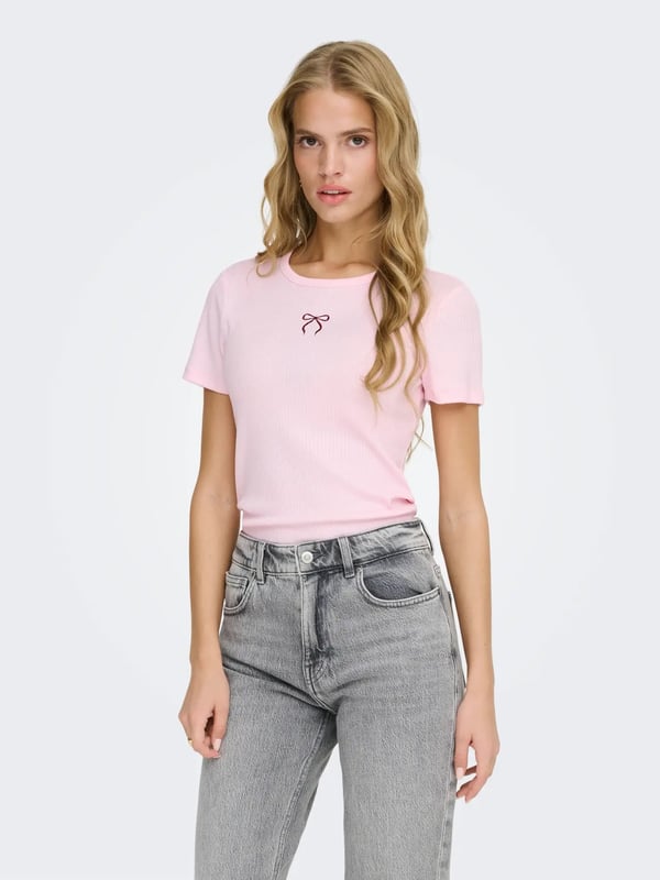 Only ONLELVA JUNE EMB S/S TEE JRS NOOS Pembe Kadın T-Shirt
