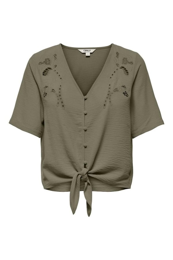 Only ONLEVALOU METTE 2/4 KNOT TOP WVN Haki Kadın Bluz