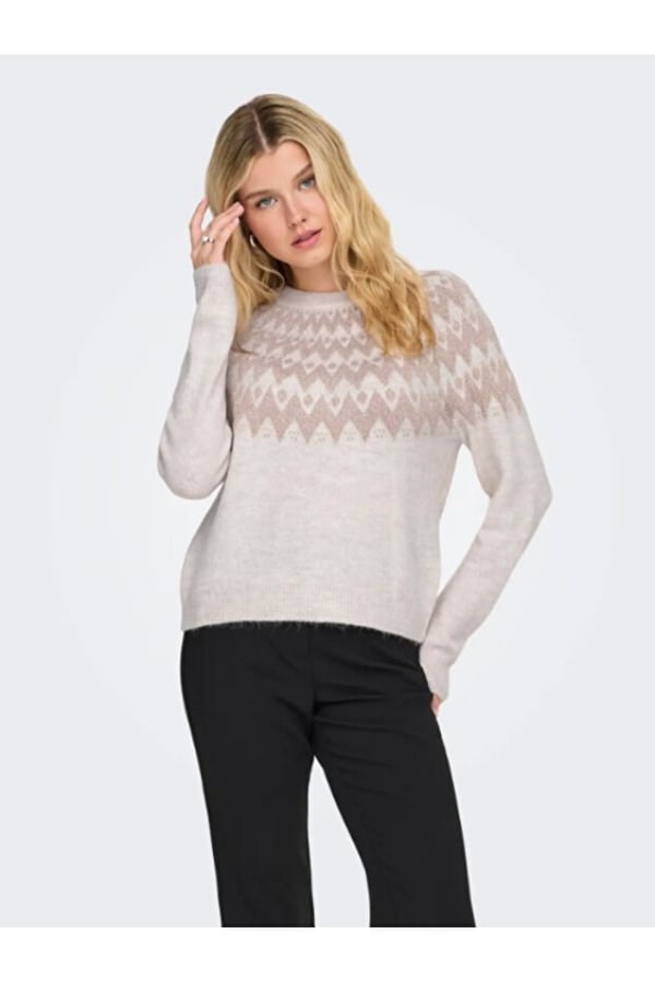 Only ONLFRY LS JQ GLITTER O-NECK CC KNT Bej Kadın Kazak