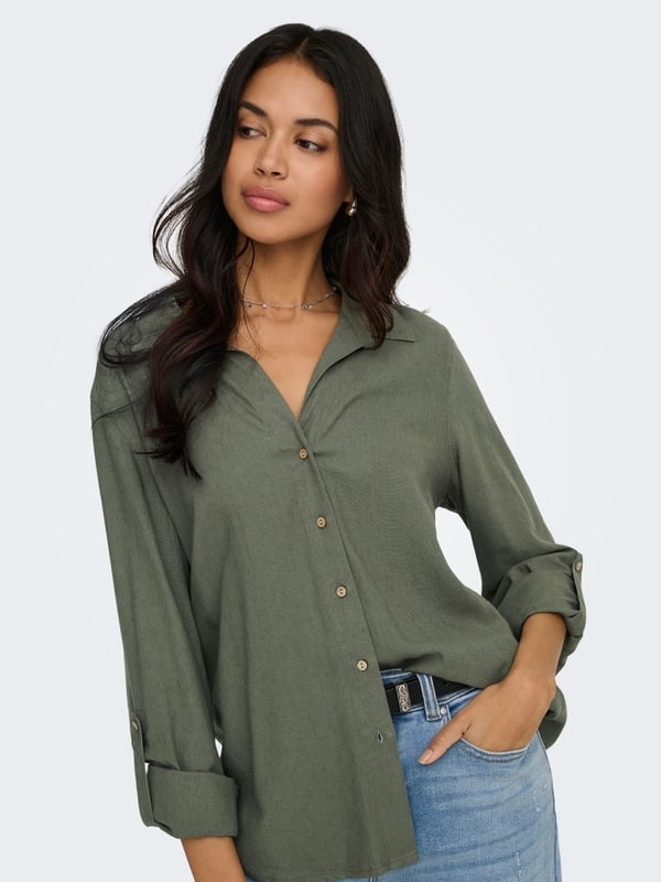 Only ONLGOA 3/4 STRAP LINEN BL SHIRT CC PNT Haki Kadın Gömlek