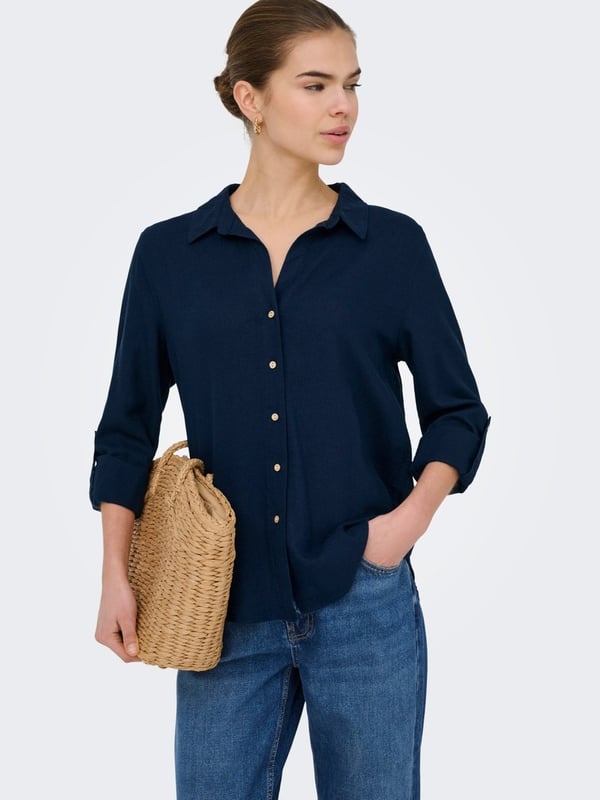 Only ONLGOA 3/4 STRAP LINEN BL SHIRT CC PNT Lacivert Kadın Gömlek