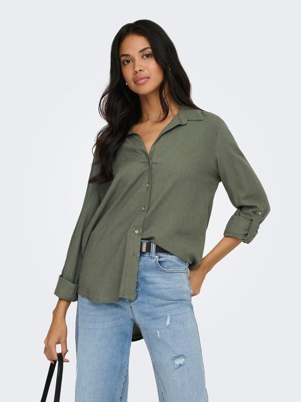 Only ONLGOA 3/4 STRAP LINEN BL SHIRT CC PNT Haki Kadın Gömlek