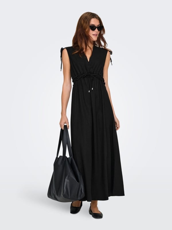 Only ONLGOA SL LINEN BL LONG DRESS CC PNT Siyah Kadın Elbise