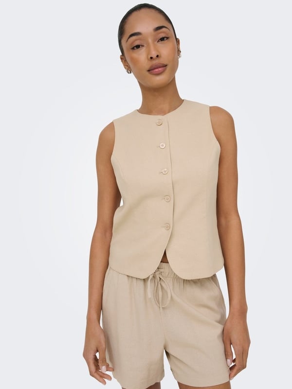 Only ONLGOA S/L LINEN BL WAISTCOAT CC TLR Bej Kadın Yelek