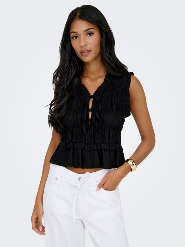 Only ONLGOA S/S LINEN BL FRILL TOP CC PNT Siyah Kadın Bluz