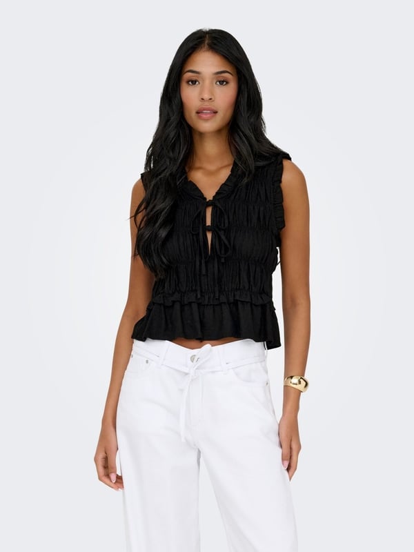 Only ONLGOA S/S LINEN BL FRILL TOP CC PNT Siyah Kadın Bluz