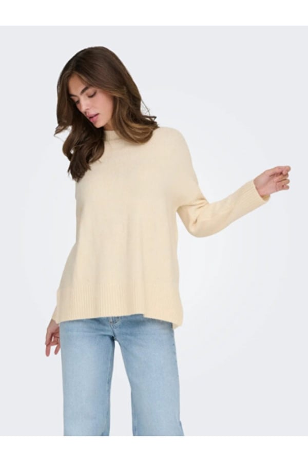 Only ONLHAZEL LS HIGHNECK OVERS RP KNT Bej Kadın Kazak