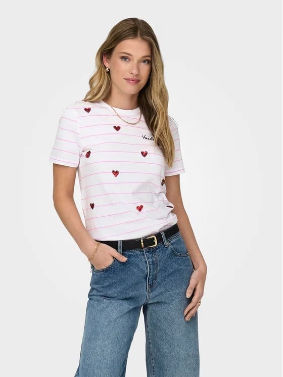 Only ONLKITA REG SS HEART TOP BOX JRS Beyaz Kadın T-Shirt