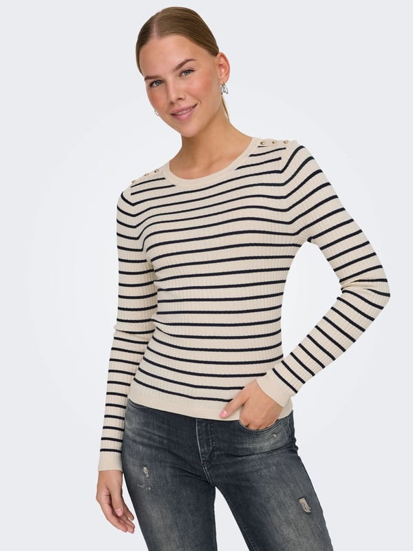 Only ONLMILA LIFE LS STRIPE BUT ONECK CS KNT Bej Kadın Kazak
