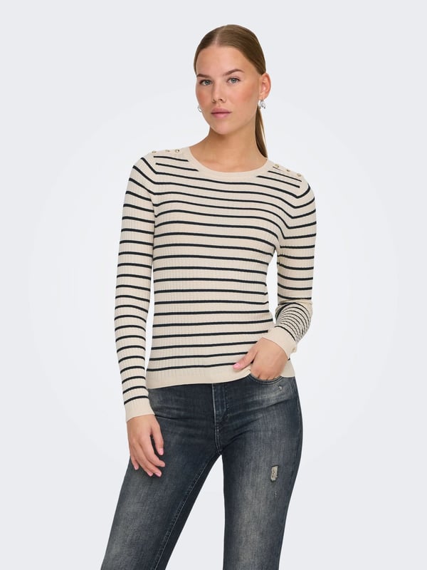 Only ONLMILA LIFE LS STRIPE BUT ONECK CS KNT Bej Kadın Kazak