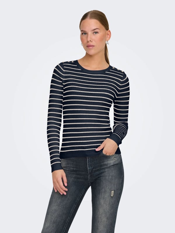 Only ONLMILA LIFE LS STRIPE BUT ONECK CS KNT Lacivert Kadın Kazak
