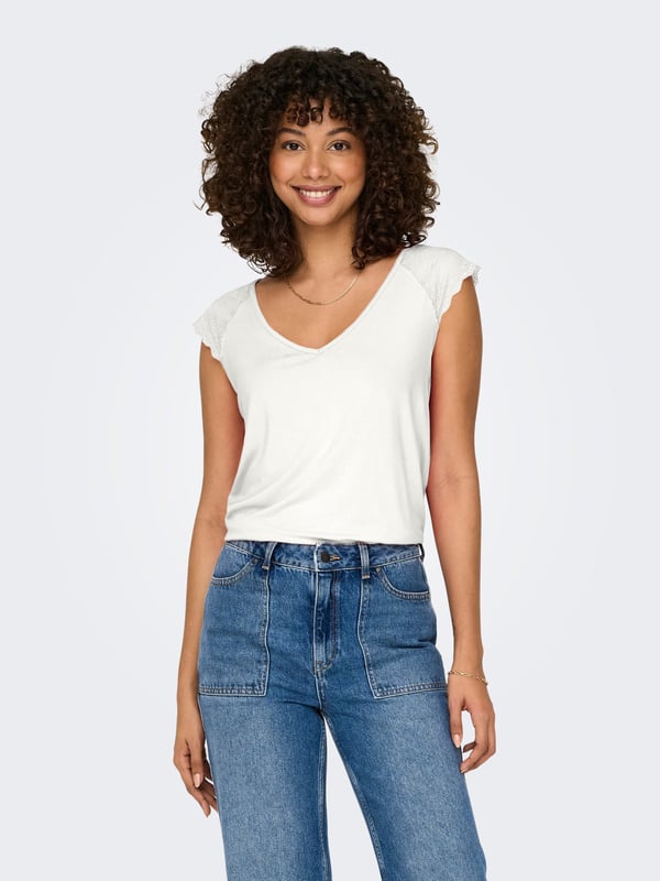 Only ONLPETRA S/S LACE MIX TOP JRS Beyaz Kadın T-Shirt