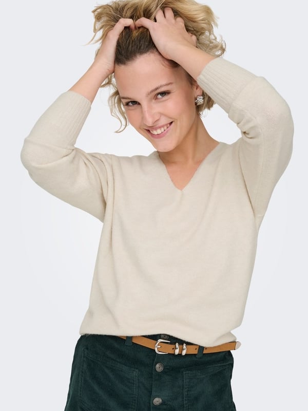 Only ONLRICA L/S V-NECK PULLO KNT NOOS Bej Kadın Kazak