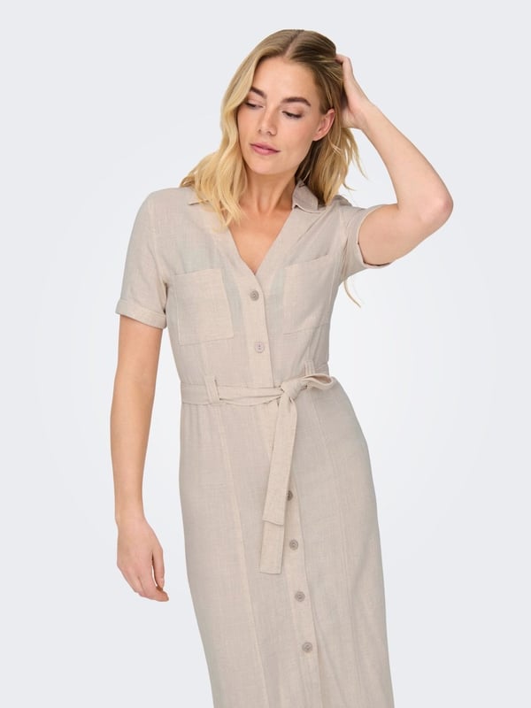 Only ONLSIESTA SS LIN BL SHIRT DRESS PNT NOOS Bej Kadın Elbise