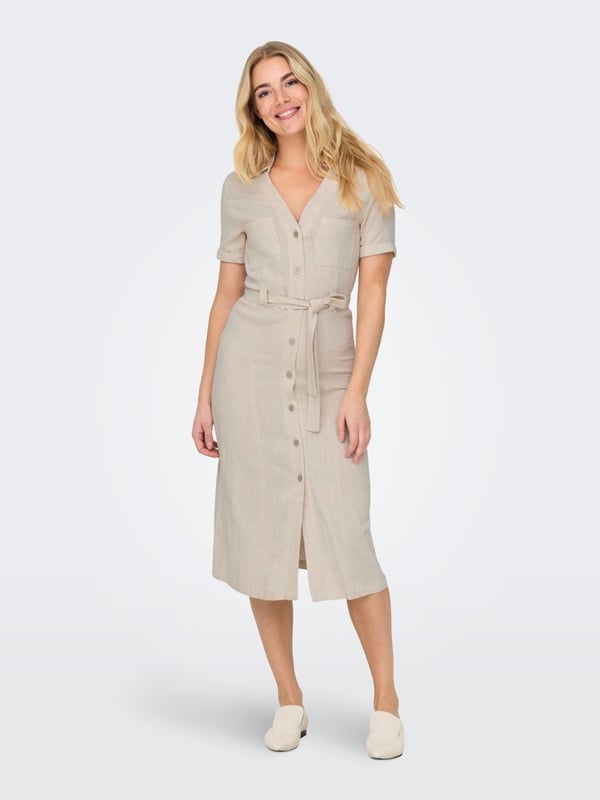Only ONLSIESTA SS LIN BL SHIRT DRESS PNT NOOS Bej Kadın Elbise