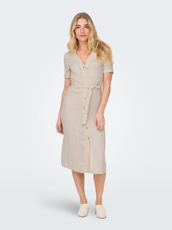 Only ONLSIESTA SS LIN BL SHIRT DRESS PNT NOOS Bej Kadın Elbise