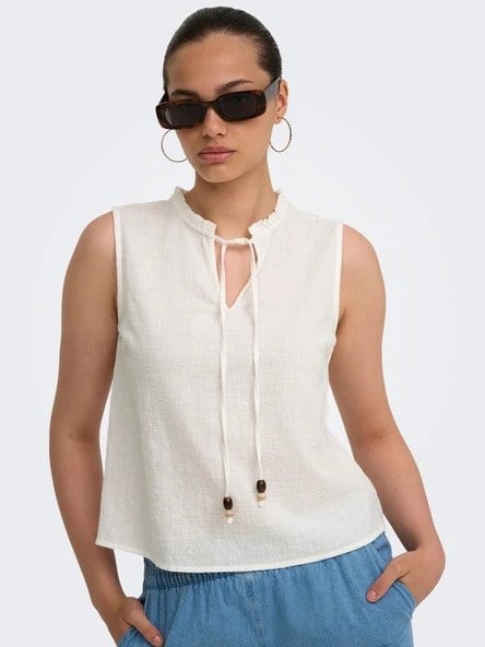 Only ONLSWAR S/L FRILL TOP WVN Beyaz Kadın Bluz