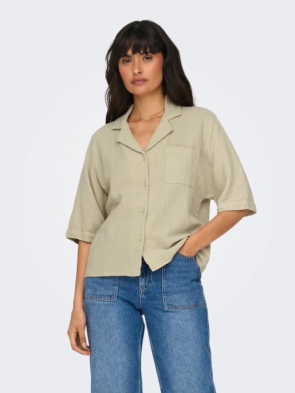 Only ONLTHYRA SS SHIRT NOOS WVN Bej Kadın Gömlek