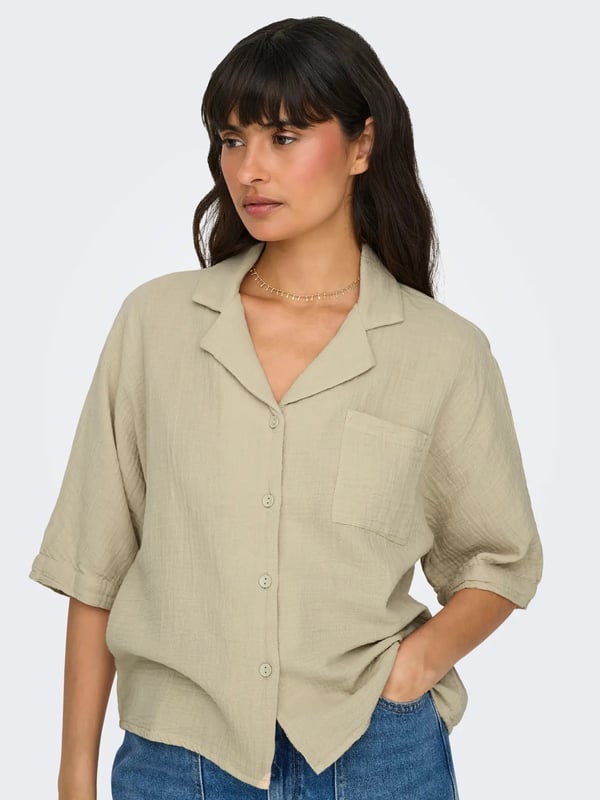 Only ONLTHYRA SS SHIRT NOOS WVN Bej Kadın Gömlek