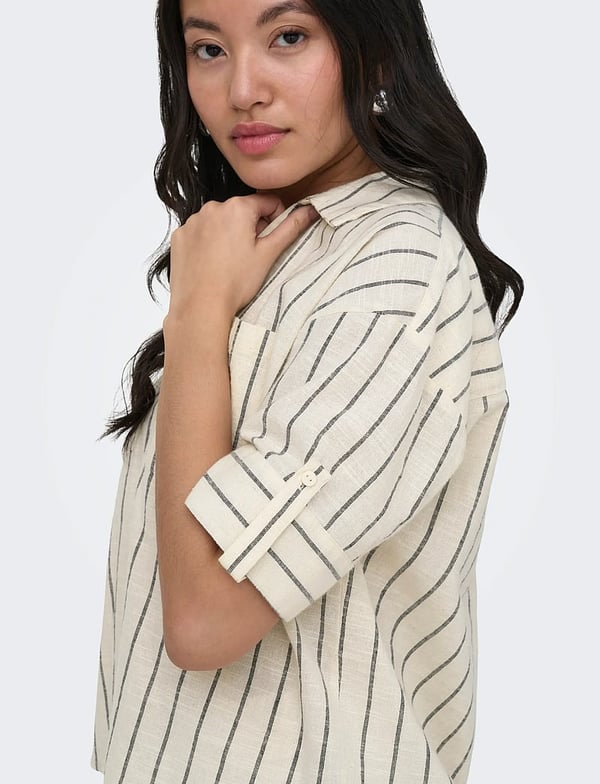 Only ONLTIZANA STRIPE S/S SHIRT WVN NOOS Bej Kadın Gömlek