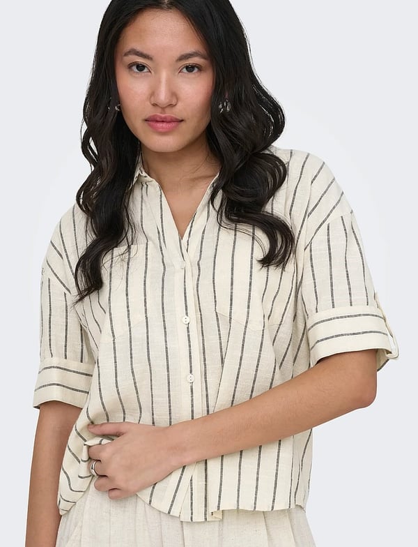 Only ONLTIZANA STRIPE S/S SHIRT WVN NOOS Bej Kadın Gömlek