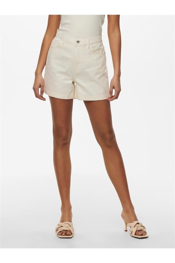 Only ONLVEGA HW MOM DNM SHORTS NOOS Bej Kadın Şort