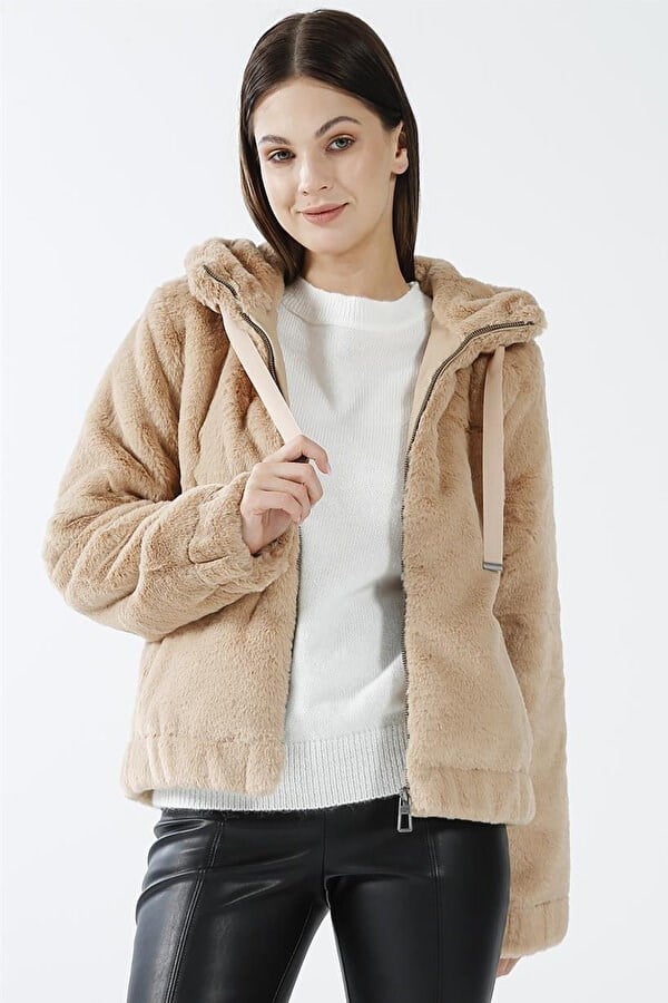 Only ONLVIDA FUR HOODED JACKET CC OTW Bej Kadın Ceket