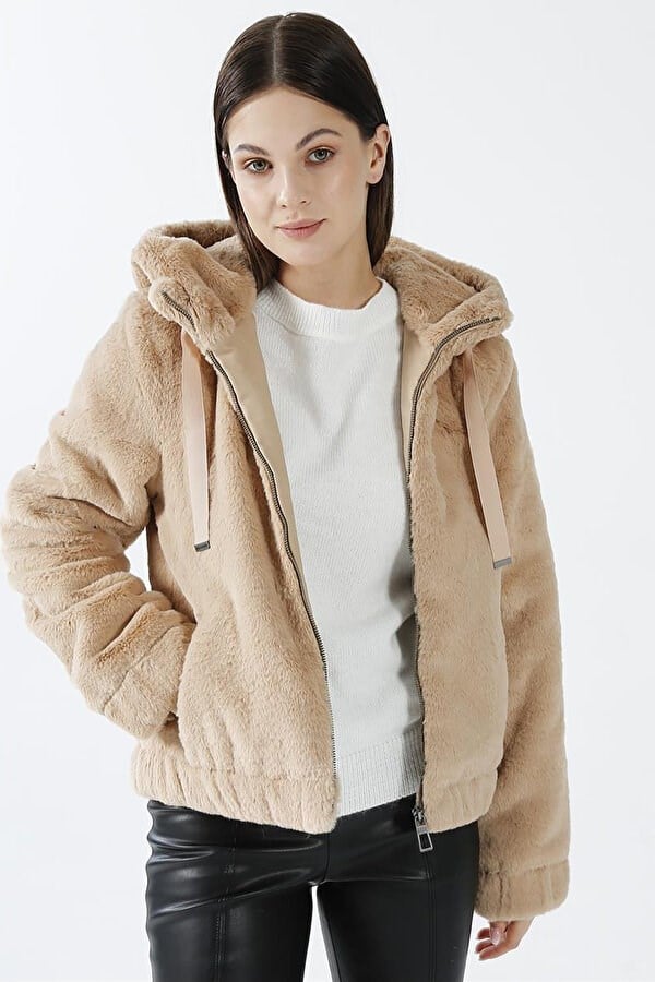 Only ONLVIDA FUR HOODED JACKET CC OTW Bej Kadın Ceket