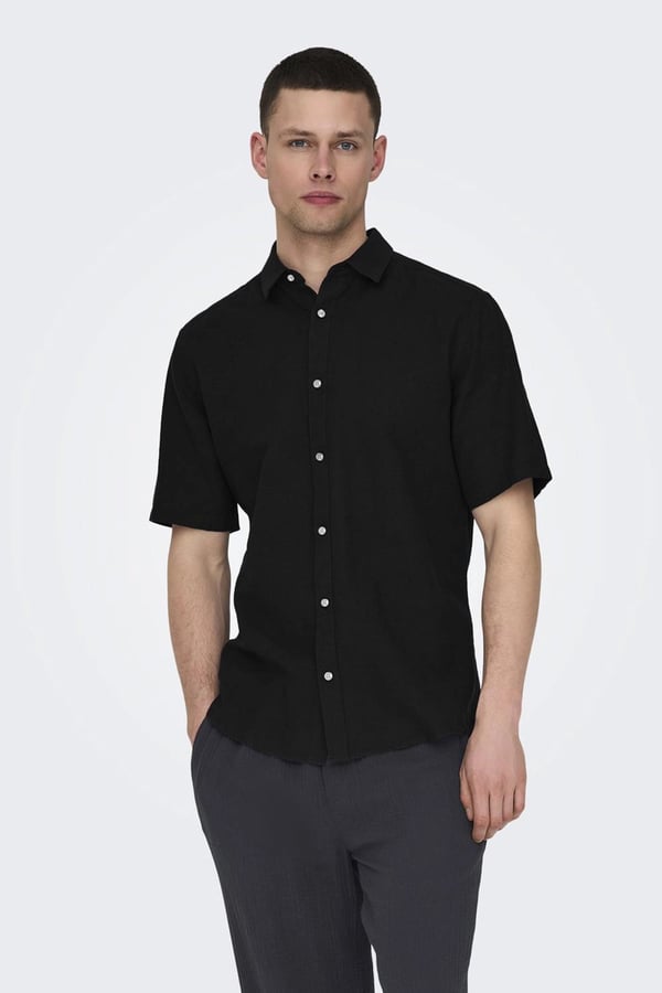 Only&Sons ONSCAIDEN LIFE SS SOLID LINEN BLEND NOOS Siyah Erkek Gömlek