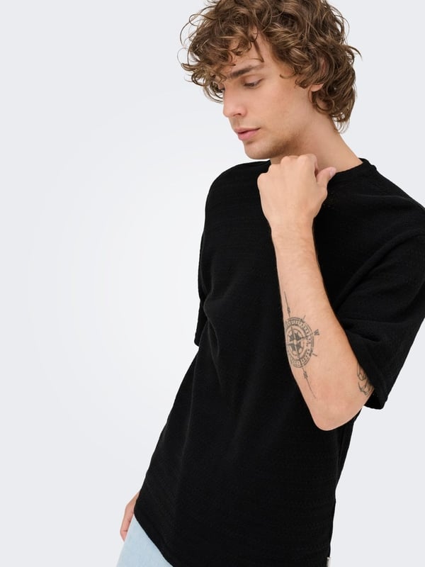 Only&Sons ONSGIVO REG 12 SS CREW KNIT NOOS Siyah Erkek T-Shirt