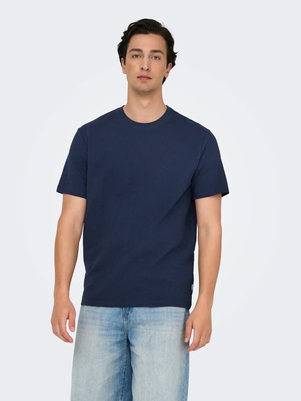 Only&Sons ONSKIAN LIFE REG SEERSUCKER SS TEE NOOS Lacivert Erkek T-Shirt