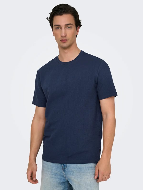 Only&Sons ONSKIAN LIFE REG SEERSUCKER SS TEE NOOS Lacivert Erkek T-Shirt