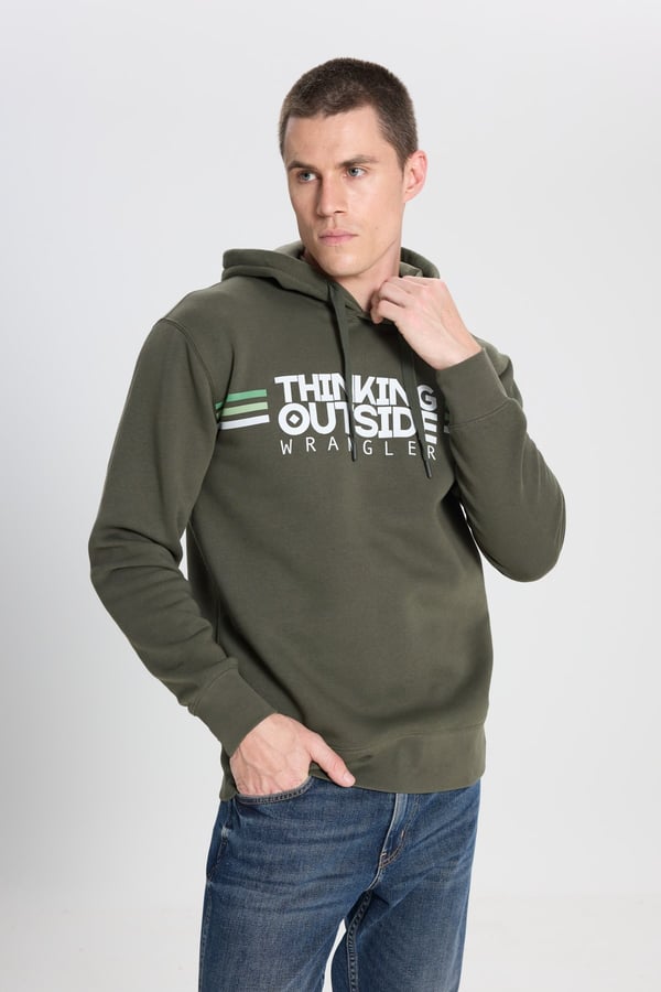 Wrangler Grafik Logolu Kapüşonlu Sweatshirt Haki Erkek Sweatshirt