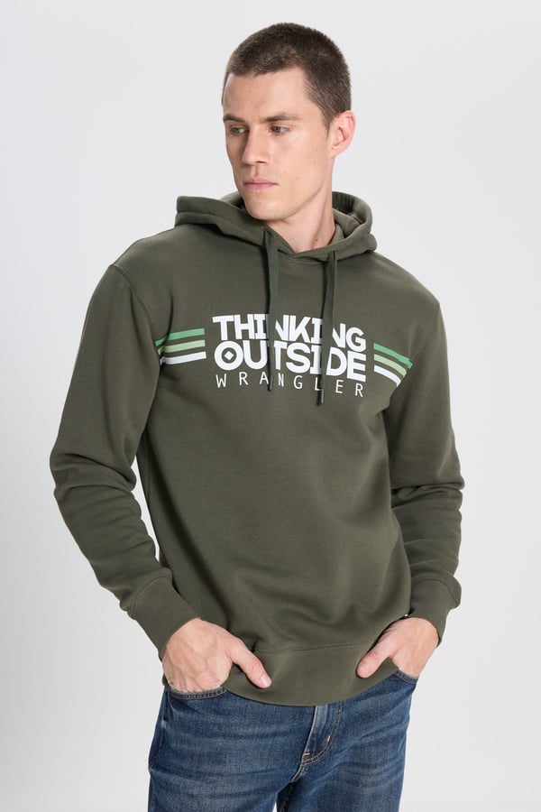 Wrangler Grafik Logolu Kapüşonlu Sweatshirt Haki Erkek Sweatshirt