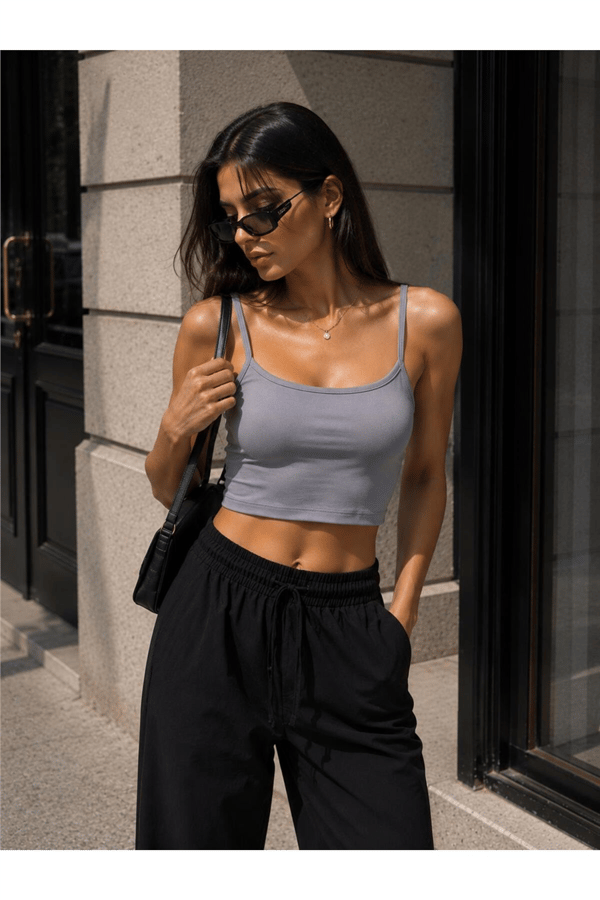 Kadın Basic İp Askılı Crop Büstiyer - Gri