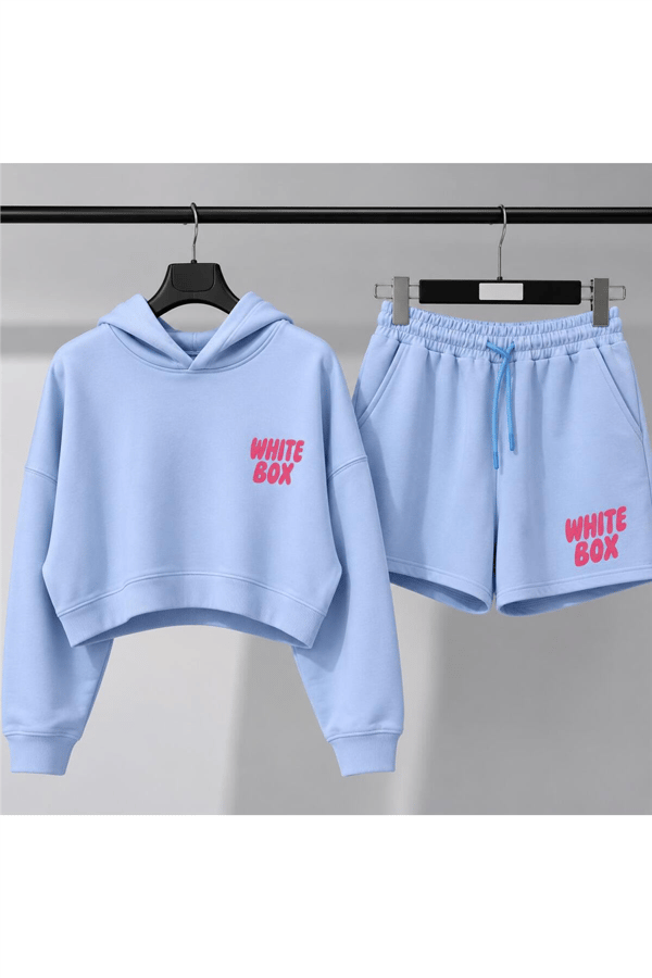 Kadın Baskı Detaylı Şort Kapüşonlu T-shirt Alt Üst Takım - Mavi