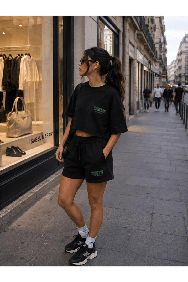 Kadın Baskı Detaylı Şort T-shirt Alt Üst Takım - Siyah