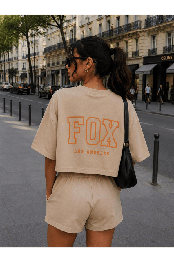 Kadın Baskı Detaylı Şort T-shirt Alt Üst Takım - Bej