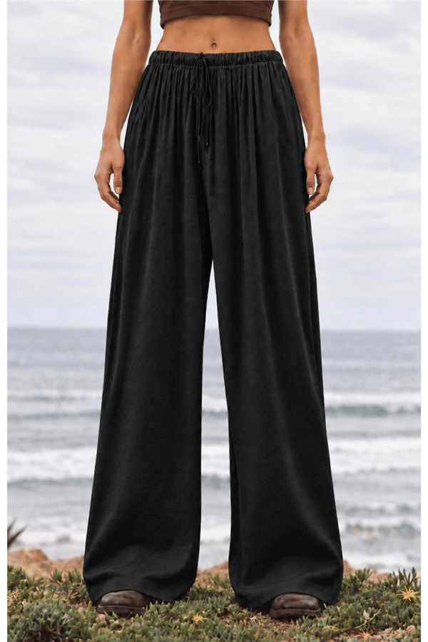 Kadın Beli Lastikli Bol Paça Dökümlü Pantolon MTA024 - Siyah