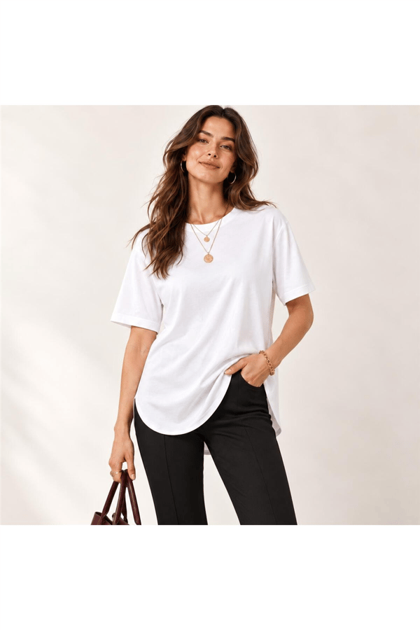 Kadın Beyaz Bisiklet Yaka Basic T-shirt MTA025