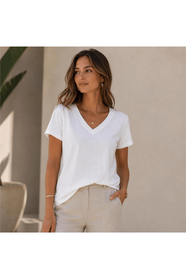 Kadın Beyaz V Yaka T-shirt