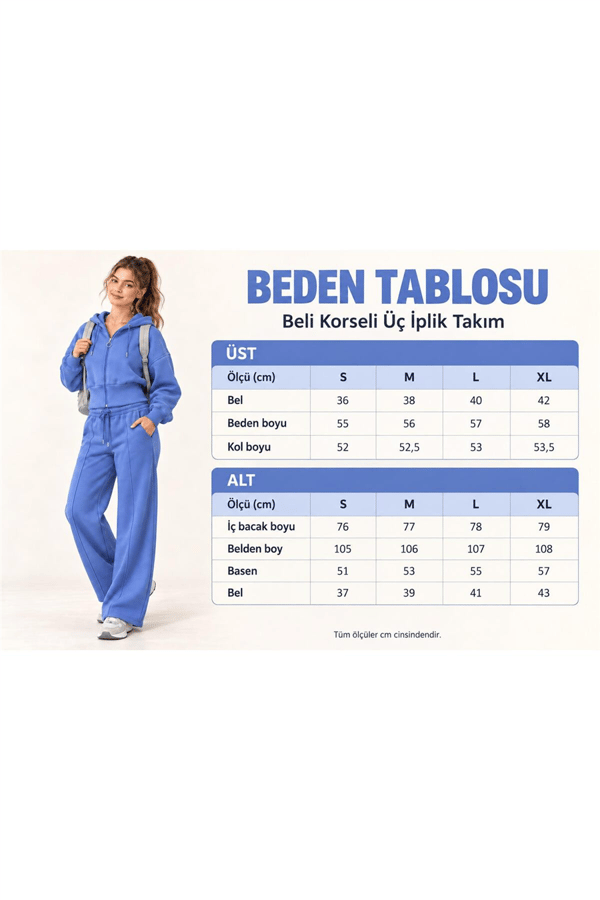 Kadın Kapüşonlu Şardonlu 3 İplik Alt Üst Eşofman Takım MTA034 - İndigo