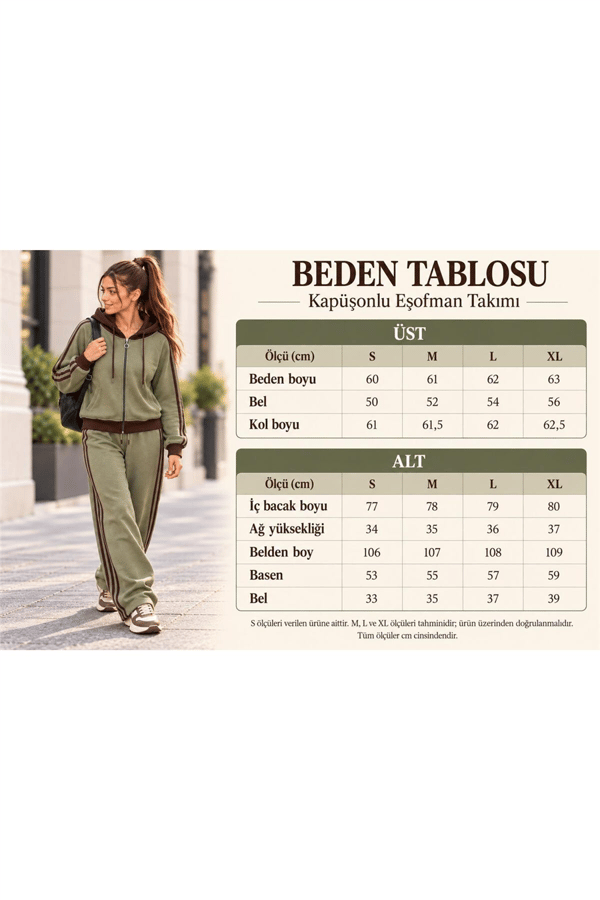 Kadın Kapüşonlu Şerit Detaylı 3 İplik Şardonlu Alt Üst Eşofman Takım MTA031 - Haki