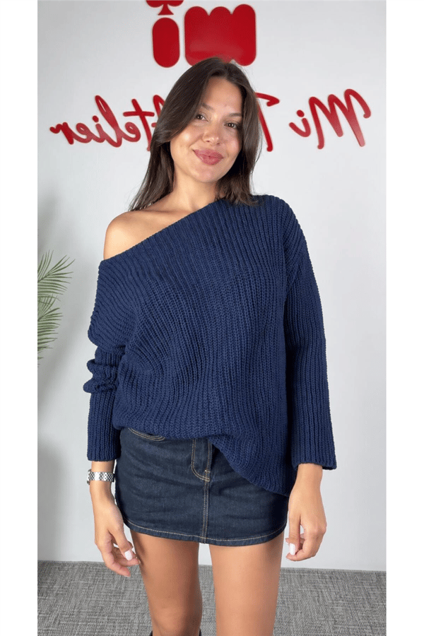 Kadın Kayık Yaka Oversize Dökümlü Basic Kazak MTA036 - Lacivert