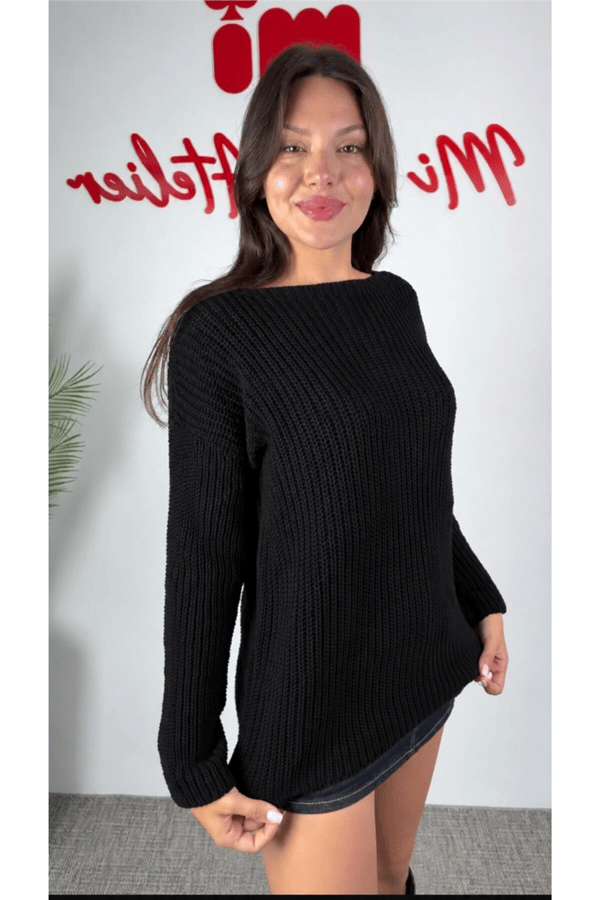 Kadın Kayık Yaka Oversize Dökümlü Basic Kazak MTA036 - Siyah