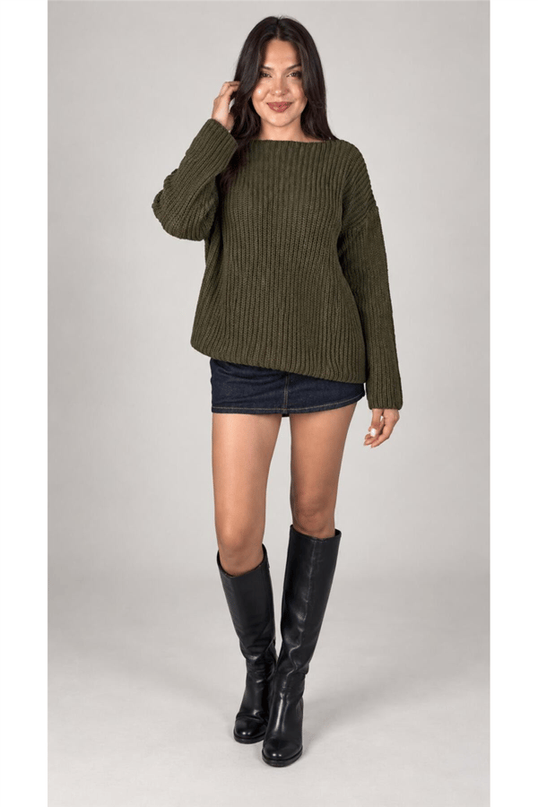 Kadın Kayık Yaka Oversize Dökümlü Basic Kazak MTA036 - Haki