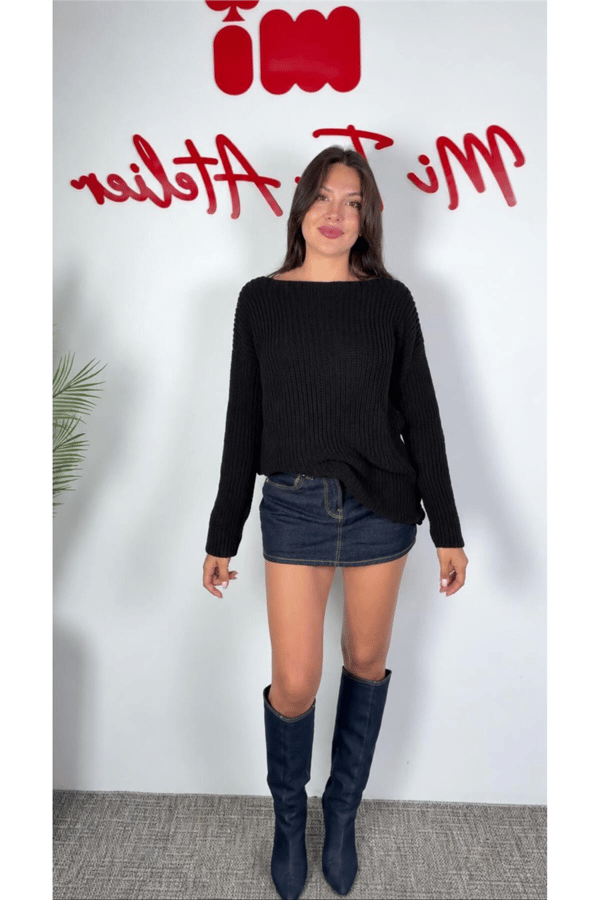 Kadın Kayık Yaka Oversize Dökümlü Basic Kazak MTA036 - Siyah
