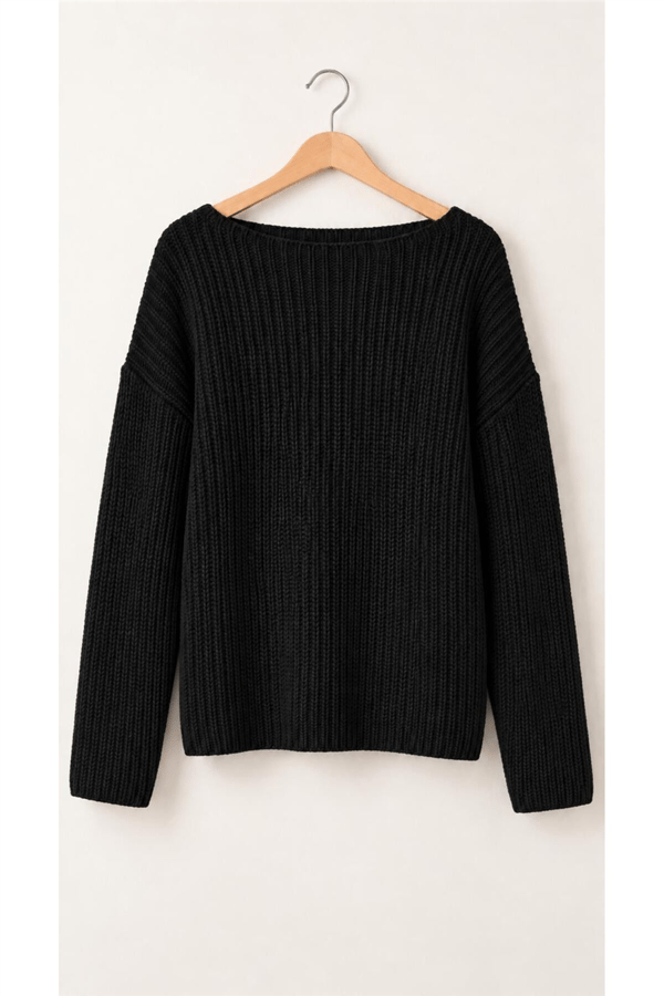 Kadın Kayık Yaka Oversize Dökümlü Basic Kazak MTA036 - Siyah