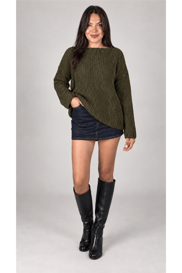 Kadın Kayık Yaka Oversize Dökümlü Basic Kazak MTA036 - Haki